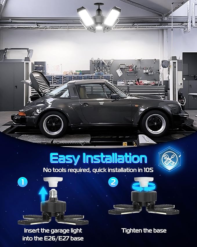 LED Garage Light - 6 Pack 130W 13000LM Deformable 4+1 Panel LED Garage Ceiling Lights with Transformer, E26/27 Base, 6500K Daylight White Shop Lights for Factory, Storage Room, Warehouse