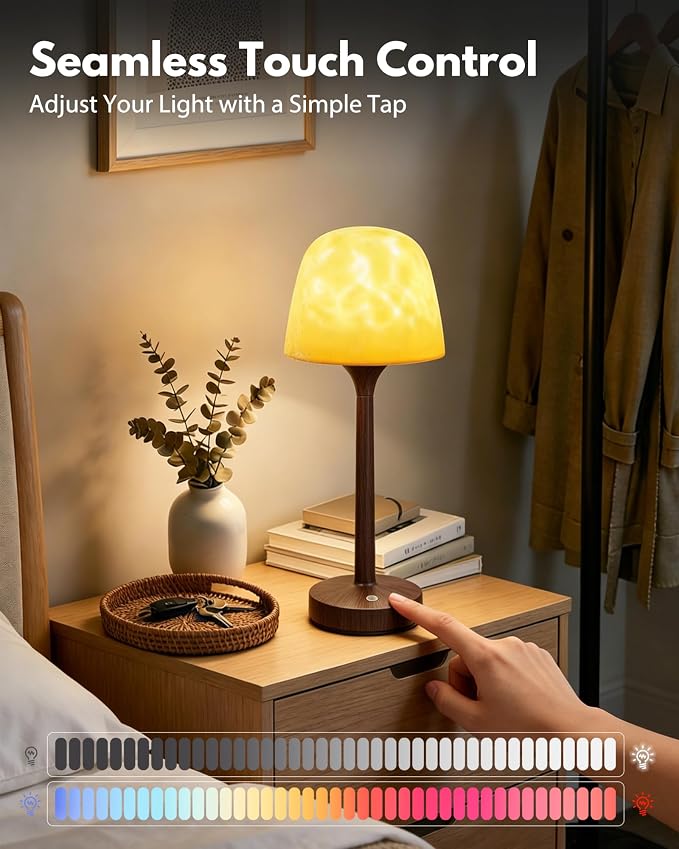 Shower Lamp - Waterproof Bathroom Lamp with 16 Color Ocean Wave Projector, Cordless Light for Inside Shower/Bathtub Bedroom Living Room Kitchen Decor (Walnut Grain)