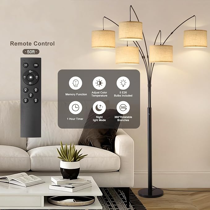 Bright Floor Lamp, Remote Control, Beige Shade Black Pole | Large Floor Lamp, 4000LM Independently Controlled 9W LED Energy-Saving Light Bulb, Memory Function, Adjustable Arm