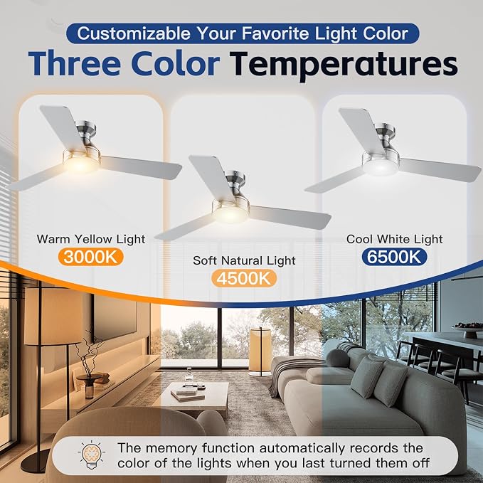 42 Inch Ceiling Fans with Lights And Remote, 3CCT/Flush Moun/6 Speed/Nickel | Flush Mount Low Profile Ceiling Fan, 6 Speed Noiseless LED Ceiling Fan, Brushed Nickel Ceiling Fan for Bedroom Living Room