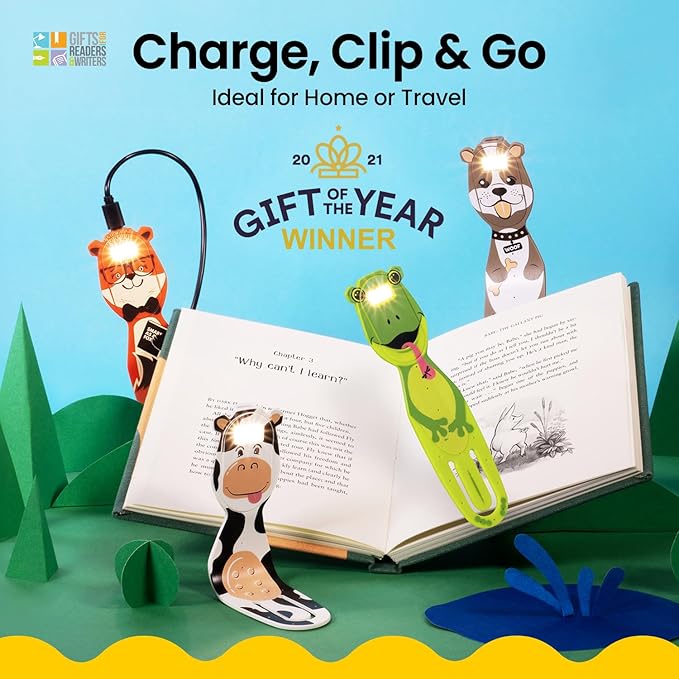 Gifts for Readers & Writers Rechargeable Book Light for Kids, Clip On Reading Light for Bed, 2in1 Flexilight Pals & Bookmark, 12 Hours of Light Once Charged, Includes USB Cable & 2 LED Lights, Bear
