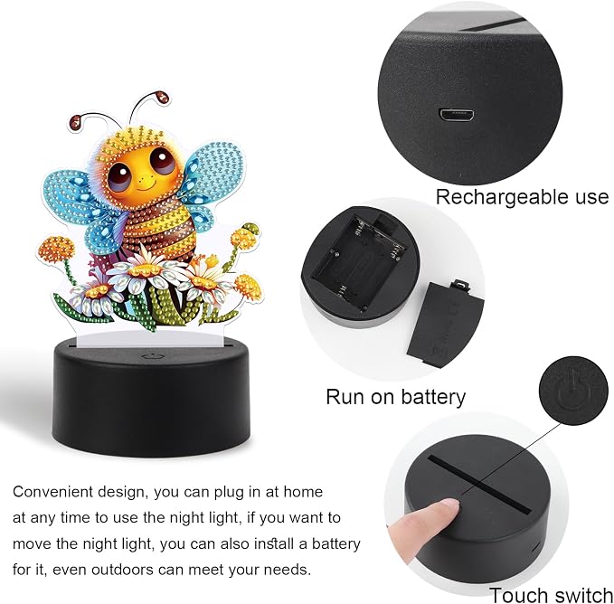 JISHSHAY Diamond Painting Night Light Diamond Art Table Lamps Gem Art LED Lights Gem Painting Desk Lamp Mosaic Kits for Adults DIY Kits for Adults with Special Shaped Crystal Bee