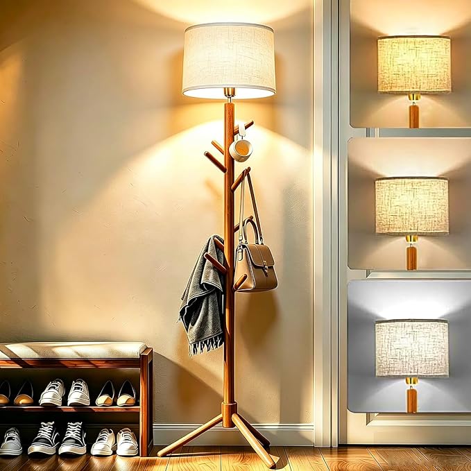 Floor Lamp with Coat Rack, 2-in-1 Entryway Tall Lamp 3 Color Dimmable 78.8" Standing Lamps with 6 Hooks & Triangular Base for Living Room Corner, Bedroom, Small Apartments & Foyers