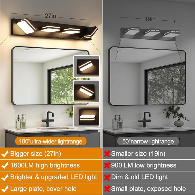 Torondo 360° Rotate LED Bathroom Vanity Light Fixtures, Acrylic Vanity Lights for Bathroom, Modern Wall Lighting Fixtures Over Mirror Living, Matte Black, Warm White, 4-Light, 27-Inch