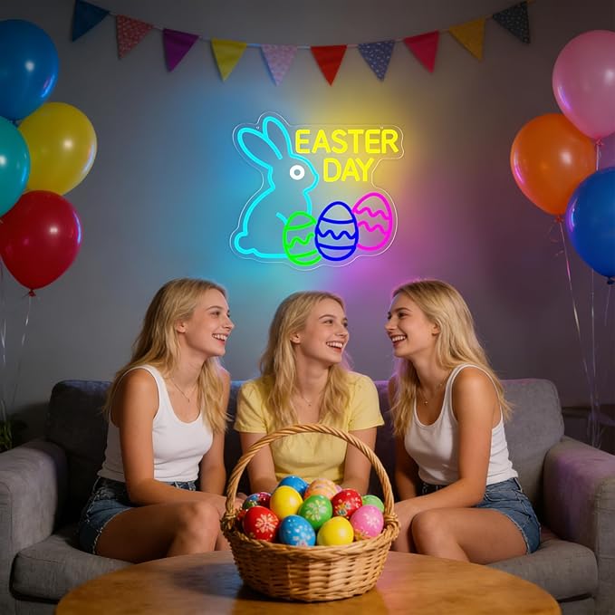 Easter Neon Sign Bunny Led Sign Egg Lights for Wall Decor Dimmable Happy Easter Rabbit Sign Decor for Party Door Window Easters Gifts for Kids