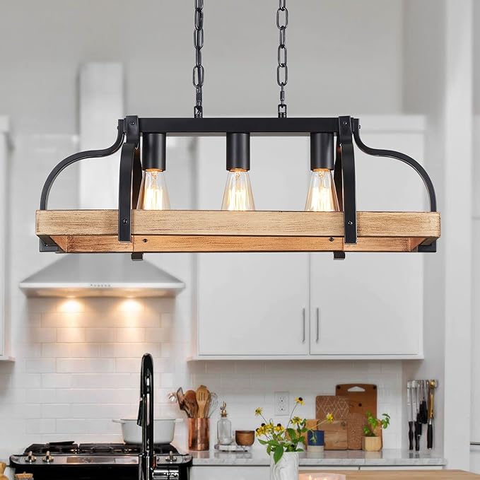 WUZUPS 3-Light Metal Pot Hanging Rack Chandelier Imitation Light Wood Grain Linear Pendant Ceiling Lighting Rustic Farmhouse Fixture Kitchen Island Dining Room, H 9.8" L 24.8" W11.8, E26 Base, Black