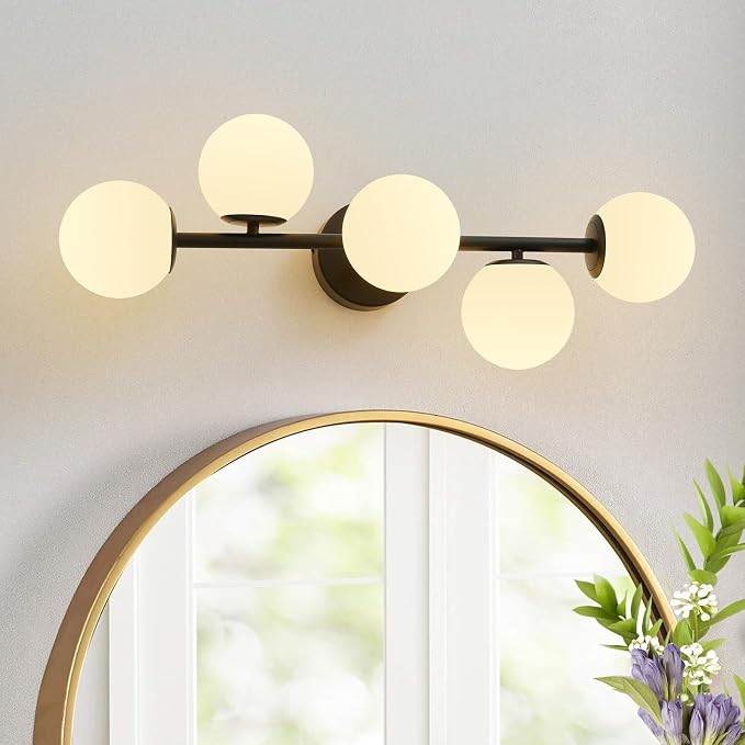 27" Mid Century Modern White Globe Black LED Bathroom Vanity Light | Matte Black Finish, Sleek Mid Century Modern Style, Milk White Glass Globes, Built-In LED Light Source, Unique Ambient Glow