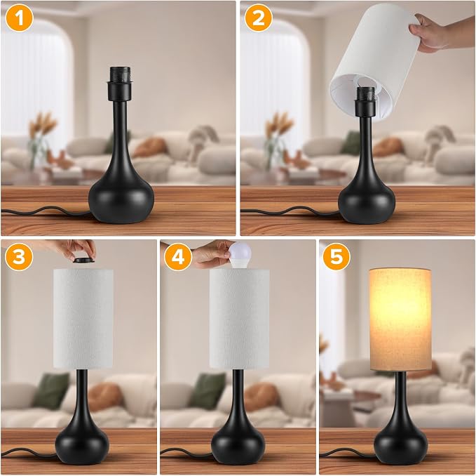 2 Pack Touch Bedside Lamp for Nightstand,3-Way Dimmable,Space Saving & No Assembly Required, Upgraded Small Droplet Vintage Black Table Lamp for Bedroom, Living Room (Bulb Included)