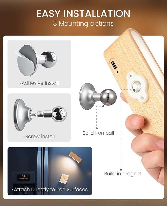 Wood Wall Sconce, Rechargeable Reading Light, Magnetic Bedside Lamp | Bedside Reading, 360° Rotation, Stepless Dimming, 4000K Natural Light, Magnetic Installation for Bedroom Wall Lamps