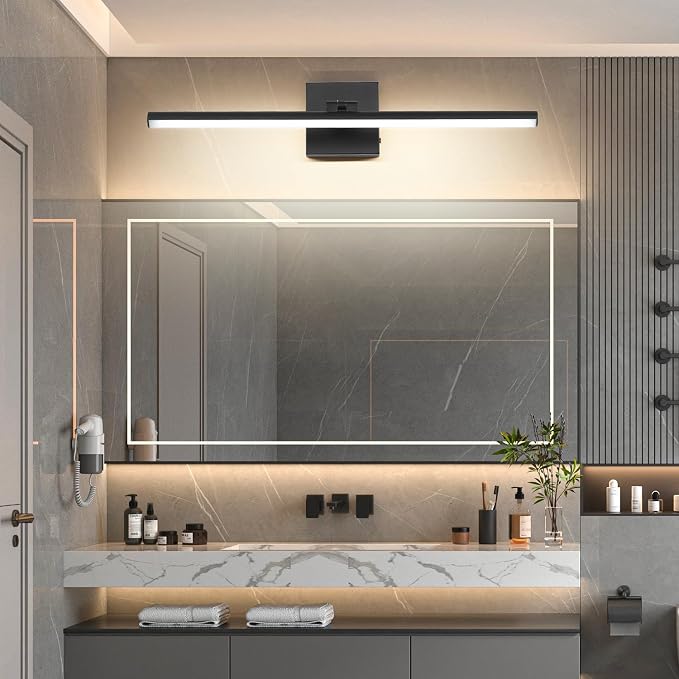 LED Bathroom Vanity Light, Modern Bathroom Light Fixture Over Mirror (3000K/4000K/6000K, Dimmable), Vanity Light Bar with Angle Adjustable, 24 Inch, Black