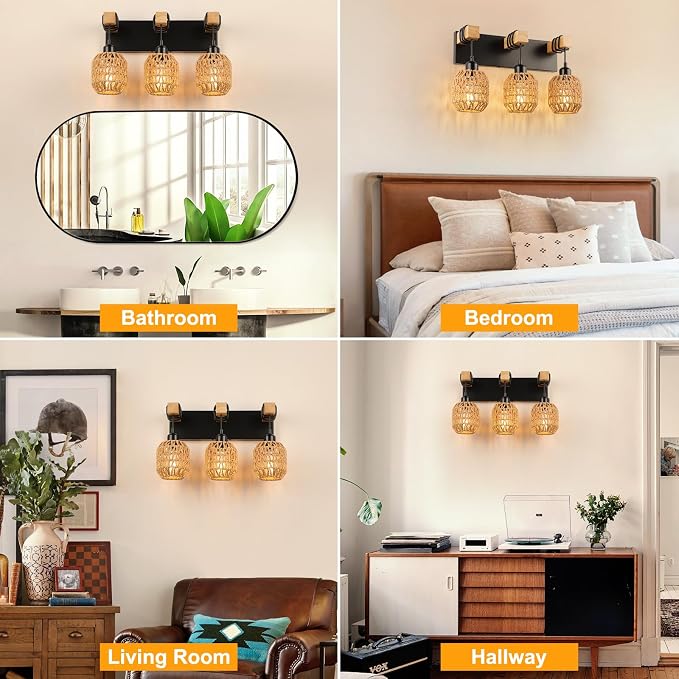 foucasal Bathroom Vanity Light Fixtures, 3-Light Farmhouse Bathroom Light | Light Fixtures Over Mirror, Rustic Boho Wood Sconces Wall Lighting with Woven Lampshade for Living Room, Bedroom, Hallway