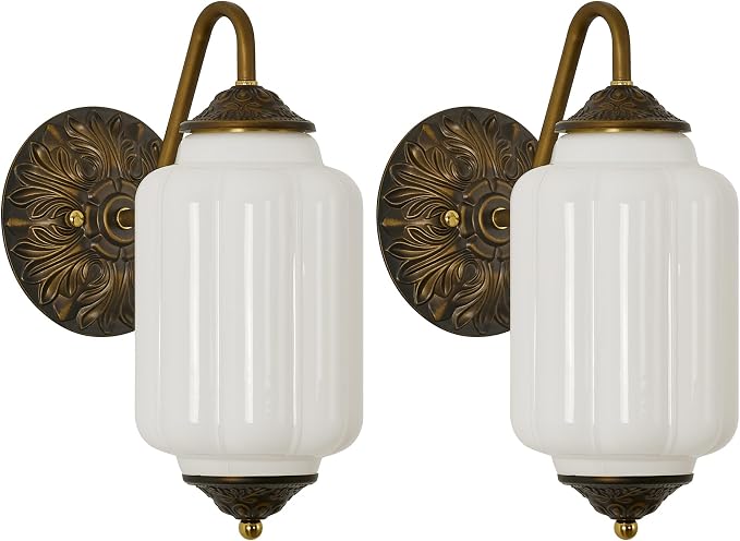 Vintage Milk Glass Wall Sconce - Set of 2,Antique Dimmable Sconce (Bulb×2) | Mid Century Brass Gold,Install Up or Down,Art Deco Retro Vanity Light Fixture for Hallway Bathroom Bedroom Bedside