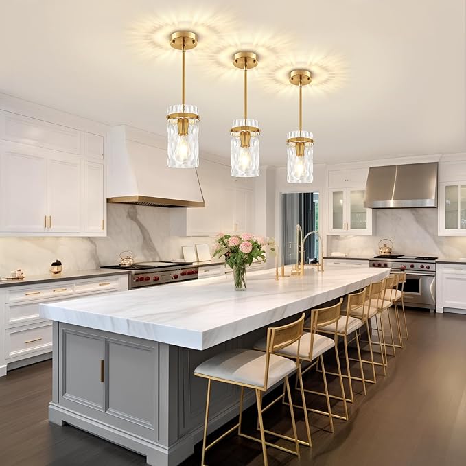 Brushed Gold Pendant Lights Kitchen Island, Modern Hammered Glass Pendant Lighting Over Island Adjustable Kitchen Hanging Light Fixtures Mini Pendant Light for Bathroom Dining Room Hallway Foyer