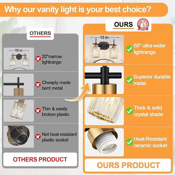 Modern Crystal Bathroom Vanity Light Fixtures, 2-Light Black and Gold Bathroom Wall Sconce Lighting for Over Mirror, Clear K9 Crystal Shades, E26 Base, Bulbs Not Included