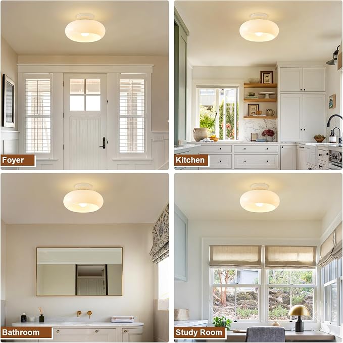 WOKNOS Mid-Century Modern Cream White Semi Flush Ceiling Light 11.0 Inch | Small Glass Shade Close to Ceiling Lighting Fixture Kitchen Entryway Hallway Bathroom Closet Bedroom Laundry Room