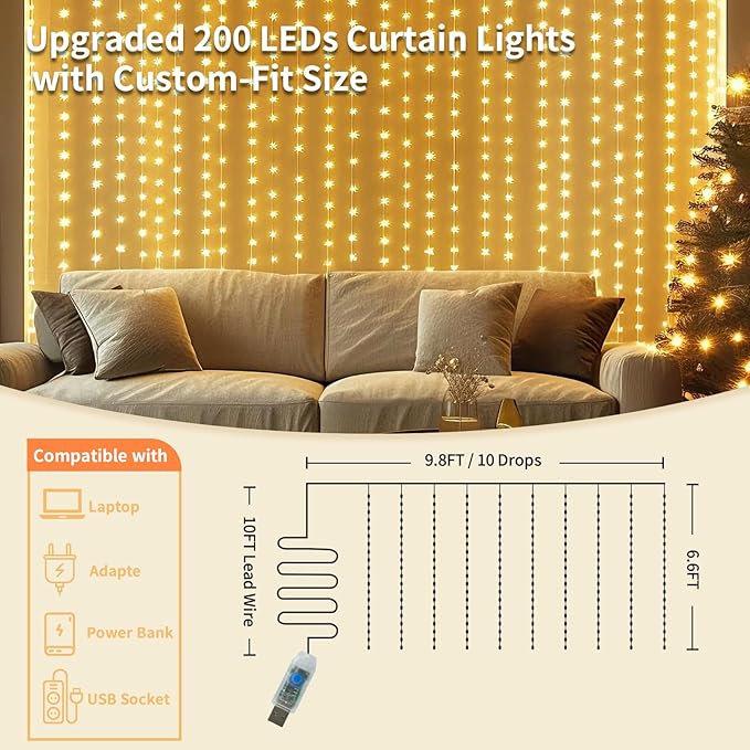 Fairy Curtain Lights, 200 LED Upgraded Tangle-Free Hanging Lights with Remote, USB Plug in String Lights for Bedroom Wall Window Wedding Party Xmas Home Décor - 9.8 x 6.6 Ft, Warm White