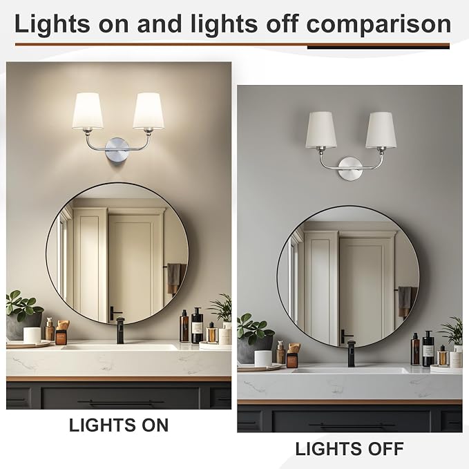 Bathroom Vanity Light Brushed Nickel Bathroom Lighting Fixtures Over Mirror | 2-Light Bathroom Light Fixtures with Flared White Fabric Shade, E26 Socket (ETL Listed)