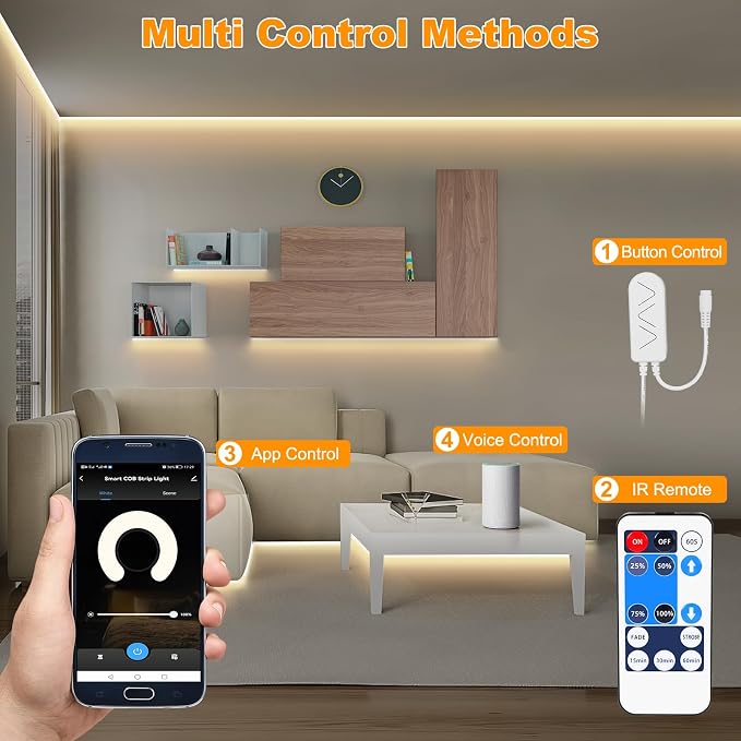 Tatazone WiFi Smart White COB Led Strip Light with Remote | 32.8ft, 2700K, Work with Alexa and Google, Timer, Group Control, Dimmable Warm White for Cabinet, Room, Kitchen, Shelf
