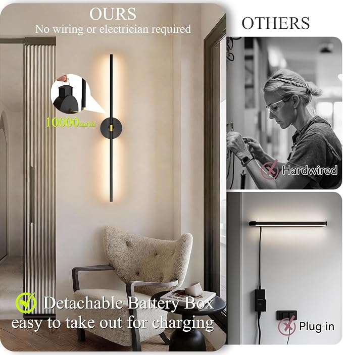 Battery Operated Wall Sconce Set of 2: 10000mAh Wireless Sconces Rechargeable Wall Lights with Touch and Remote, 360° Rotate Cordless Wall Lamp for Bedroom Living Room Hallway, 31.5 Inch, Black