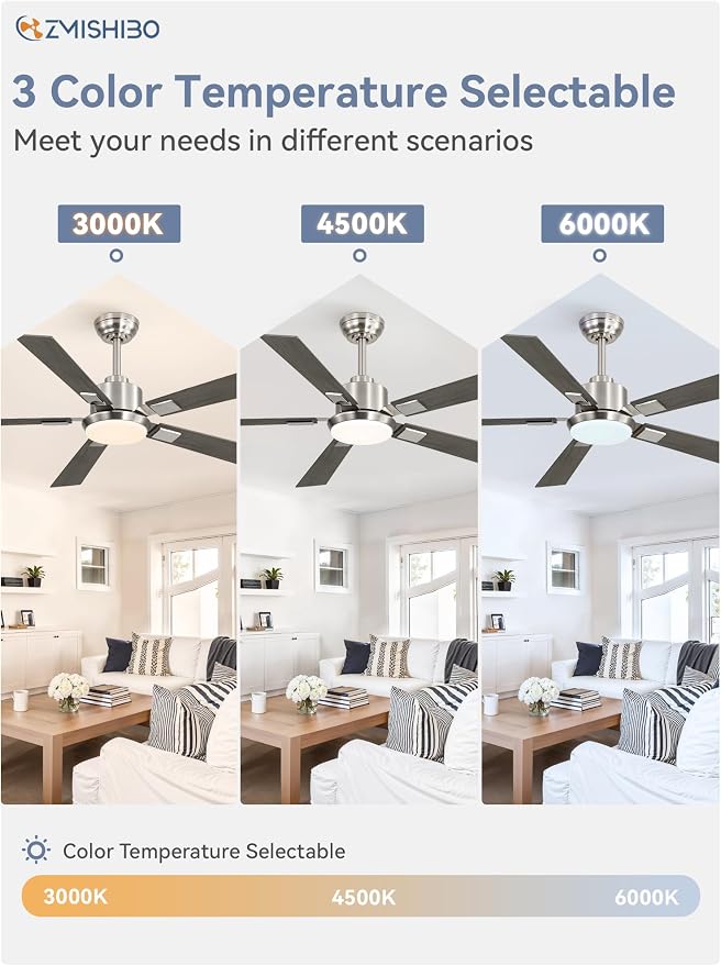 ZMISHIBO 52” Modern Ceiling Fan with Light, Remote Control, Brushed Nickel | High CFM Powerful Airflow, Quiet DC Motor, 3 CCT LED, Indoor/Covered Outdoor, Dual-Finish, Damp Rated