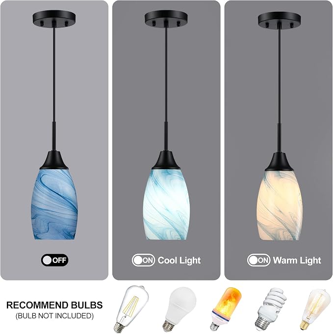 Viinew Mini Glass Pendant Light,3-Pack Blue Marble Glass Pendant Lights | Handblown Blue Marble Oval Art Glass Lamp Ceiling Hanging Light 4.72" Small Chandelier for Dining Room Kitchen