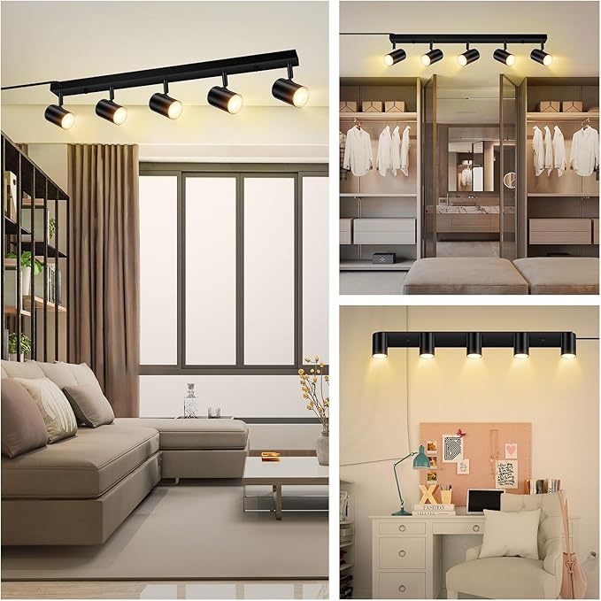 5 Light Track Lighting Kit,Black 5 Way Modern Plug in Ceiling Spotlight,Industrial LED Wall Light for Kitchen Cabinet Gallery Bar Hallway Living Room,Rocker Switch,15 Foot Cord(No Bulb)