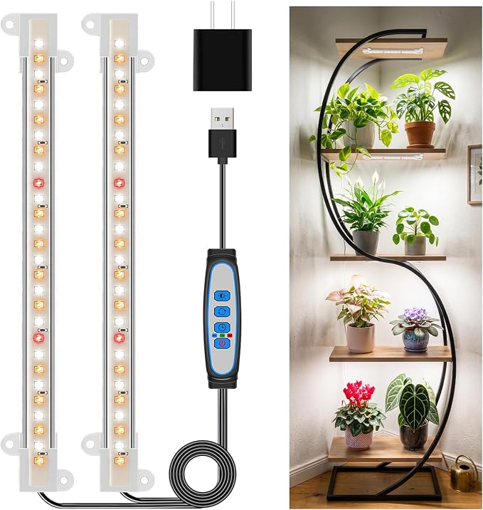 Kullsinss 8in Grow Lights Strips, 56 LEDs Plant Lights for Indoor Growing | Dual-Strip Full Spectrum Plant Lamp, 6/12/16H Auto Timer, 5 Dimmable Levels, 5V Low Heat, for Seedlings, Herbs & Plant Shelf