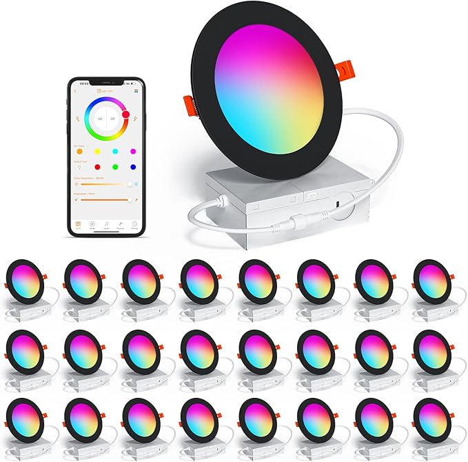 Black 24 Pack Smart Recessed Lighting 4 Inch RGBCW Color Changing 12W LED Downlight with Junction Box,1080 Lumen Recessed Ceiling Light Compatible with Alexa,Dimmable by Bluetooth Control