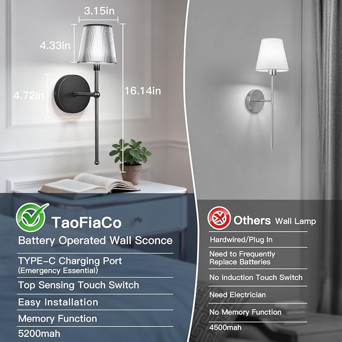 TaoFiaCo Battery Operated Wall Sconces Set of 2,Wireless Wall Sconce Black | 5200mAh Rechargeable, Remote, Timer, Dimmable, Cordless Wall Light for Bedroom Living Room, Hallway, Light Decor