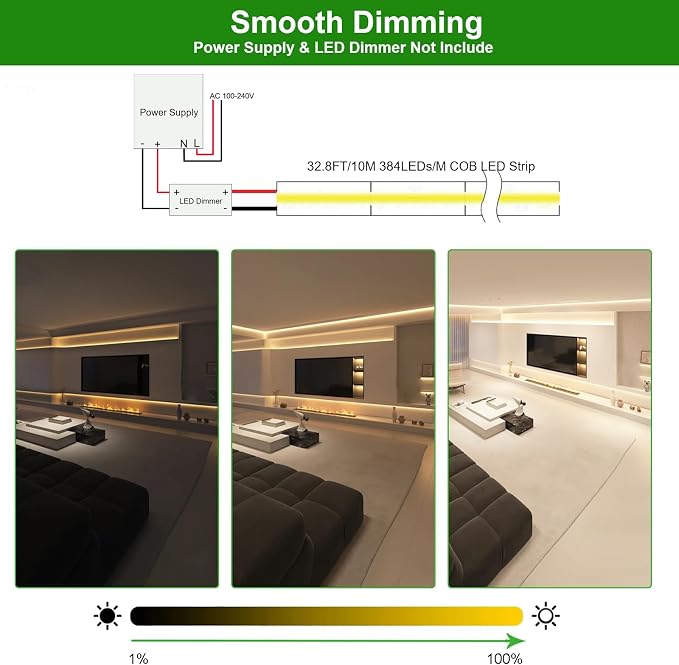 JOYLIT COB LED Strip 24V 32.8FT 2700K 7650LM Dimmable for Cabinets, Closet | CRI 90+, 120° Narrow Beam, 384 LEDs/m Warm White, Dot-less No Dark Spot, Cuttable , Easy Peel & Stick ( Strip Only )