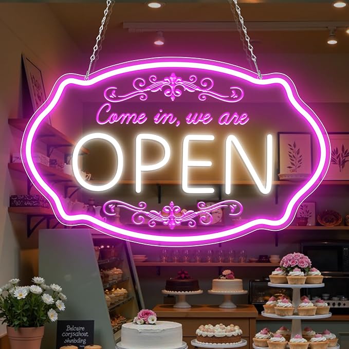 LED Neon Open Sign for Business, 16.5x10'' Come in We’re Open Sign, Pink&White Adjustable Brightness Neon Lights for Party, Bar, Salon, Stores, Hotel, Wall Decor, Clubs, Hotels