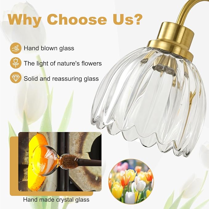 Bathroom Light Fixtures (3-Light, 20 Inch), Brushed Gold Vanity Lights for Bathroom with Ribbed Clear Tulip Glass Shade, Vintage Vanity Wall Lights for Mirror Bedroom Living Room Hallway