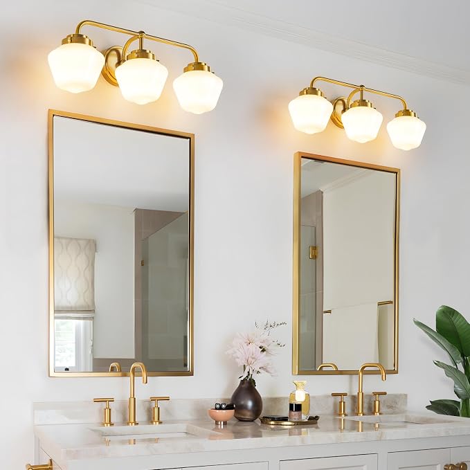 RUIYEY Bathroom Vanity Light Fixtures: 3-Lights Gold Vanity Lights Over Mirror, 17 Inch E26 60W Modern Bathroom Lighting Fixture with Milky White Glass for Bath Restroom