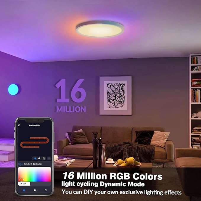 2 Pack 16 Inch Smart RGB LED Ceiling Light with Remote, WiFi Flush Mount Ceiling Light Compatible with Alexa & Google Home, 32W=3200LM Dimmable, DIY Colors, for Bedroom Living Room