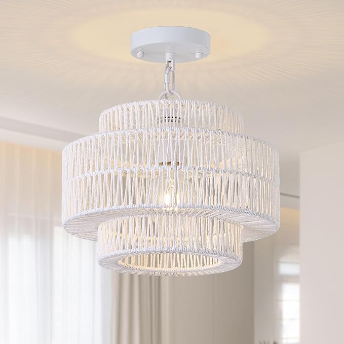 12.4" Large Boho Rattan Farmhouse Chandeliers for Dining Room, Rattan Hand-Woven Rustic Drum Chandelier Pendant Light Fixture for Kitchen Island Bedroom Living Room Entryway Foyer(White)