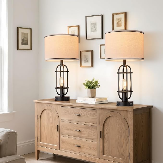 Reaketon Black Table Lamps for Living Room Set of 2, 22.3" Farmhouse Lamps for Nightstand, Industrial Table Lamps for Bedroom with USB Ports, Bulbs Included