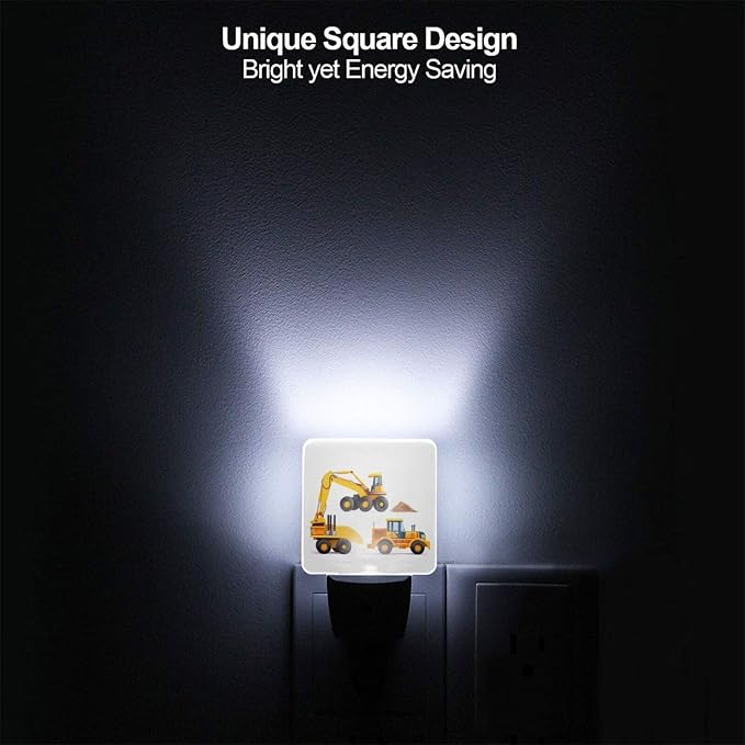 Machinery Excavator Truck and Loader LED Plug-in Night Lamp 2 Piece Set, Auto Sensor Cartoon Boy's Toy Nightlights Set of 2 for Bedroom Bathroom