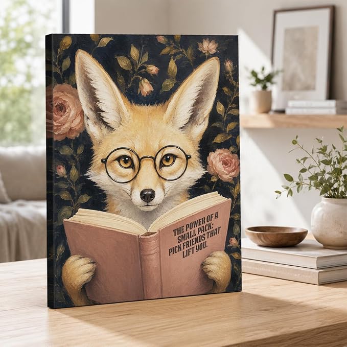 NSFBESSLIA Funny Coyote Reading BooK Painting, Whimsical Vintage Animal Decor, The Power Of A Small Pack, Cottagecore Wall Art for Living Room Bedroom Entryway, 8x10 Inch