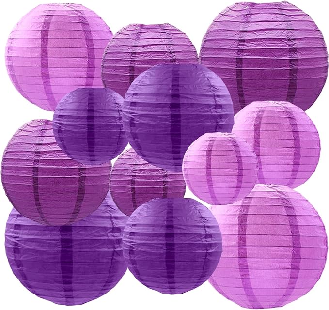 Purple Paper Lanterns Decorative,Hanging Chinese Lanterns Indoor Outdoor for Birthday, Wedding, Christmas, Bridal, Home Decor, Ceiling Decorations(Size of 4”, 6”, 8”, 10”,12Pcs)