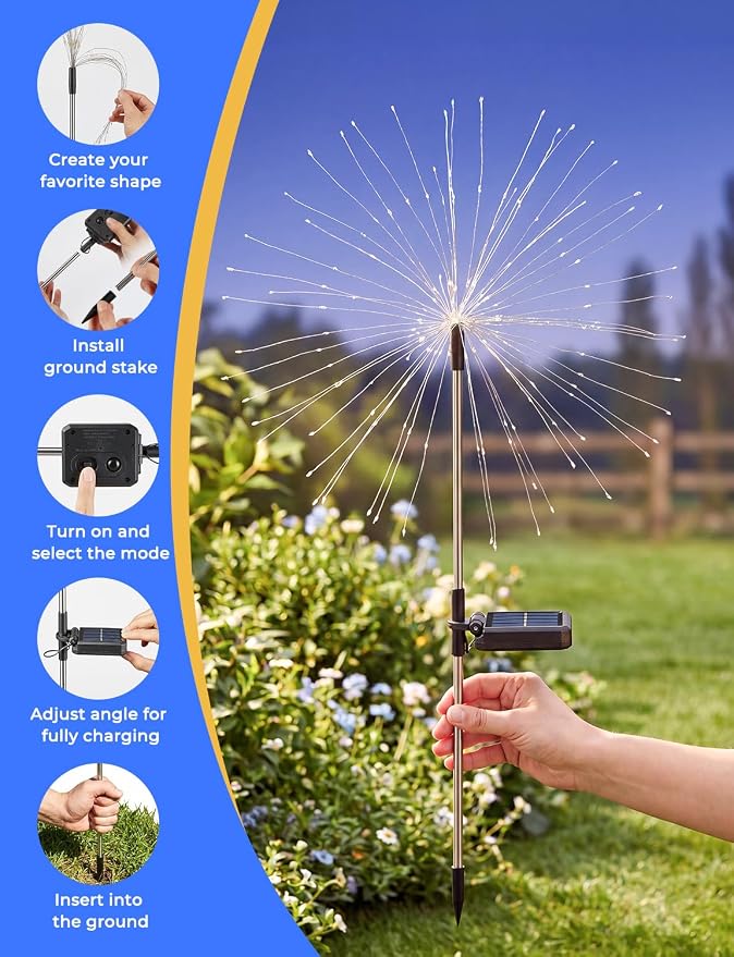 Brightown 150LED Solar Garden Lights Outdoor, 8 Modes 2 Pack Firework Fairy Lights for Outside Decorative, Solar Powered Stake Flowerbed Planter Decorations for Yard Pathway Patio Christmas,Warm White | 8 Modes, Firework Fairy Lights, Solar Powered, Fl...