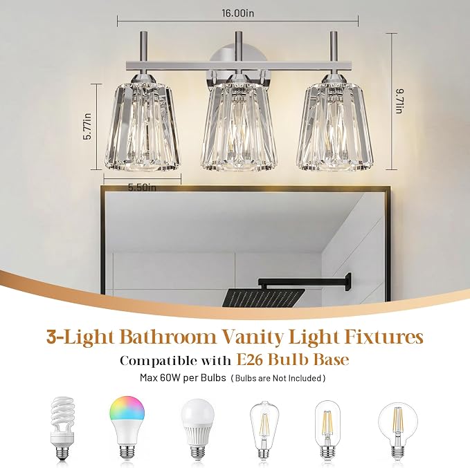 Crystal Bathroom Light Fixtures Over Mirror, Chrome 3-Light Bathroom Vanity Lights Over Mirror Modern Wall Lighting Sconces with Ceramic E26 Base (Bulbs Not Include)