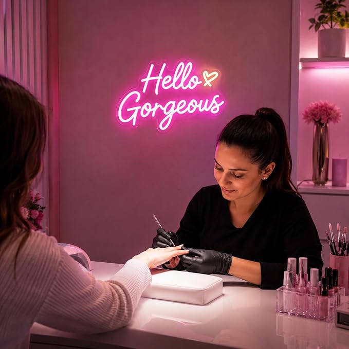 Hello Gorgeous Neon Signs for Wall Decor, Hello Beautiful Pink LED Lights | Dimmable Hello Gorgeous Light Sign for Girls Bedroom, Makeup Room, Beauty Salon, Wedding, Bachelorette Party, Gift for Women