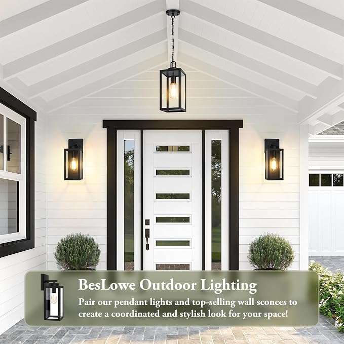 Outdoor Pendant Light, Modern Hanging Lantern for Porch, Black | Hanging Height Adjustable, Waterproof, Rust-Resistant, Durable Metal & Clear Glass, Standard E26 Sockets, Easy to Install