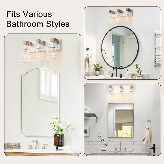 IZORRO Farmhouse Bathroom Vanity Light, 3-Light Wood Bathroom Light Fixtures Over Mirror, Matte White Industrial Vanity Lights with Metal Shade, Rustic Restroom Lighting Fixtures