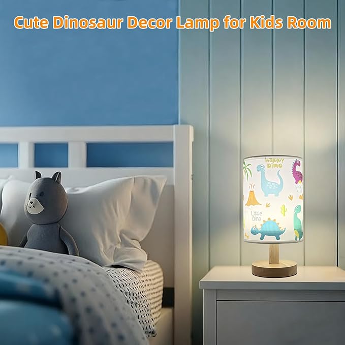 Dinosaur Kids Table Lamp for Bedroom Kids Bedside Lamp 3 Colors Dimmable Nightstand Night Light with Cartoon Flaxen Fabric Shade Desk Reading Lamp for Girls Boys Room Nursery Decor,Dino Gifts for Boys