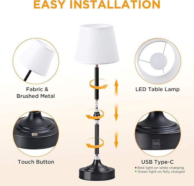 LUTEC 2 Pack Cordless Table Lamp, Battery Operated Lamp with 3 Color Temps and Stepless Dimming, 5200mAh Portable Rechargeable Table Lamp for Restaurant/Bedroom/Bars/Outdoor (Black)