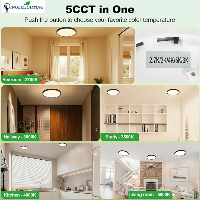 LED Flush Mount Ceiling Light: 12 inch 1Pack Super Slim Dimmable & 5CCT (2700-6500K) Kitchen Lighting Fixtures Ceiling - 24W Black Low Profile Ceiling Lamp for Bedroom Garage Hallway