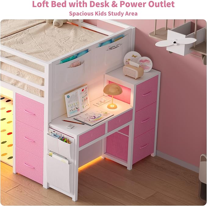 Twin Loft Bed with Desk, RGB Lights & Under Bed Play Fort, White Pink | 11 Storage Drawers, Clothes Rack, Pockets, Wide Step Stairs, 11.8''H Safety Guardrail, Built-in Charging Station
