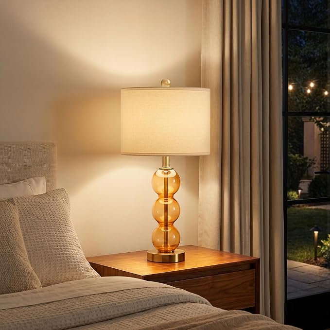 25" Amber Glass Table Lamps for Living Room, Glass Modern Table Lamp Set of 2, USB Charging Ports, Linen Shade, Bedside Lamps for Bedroom, Nightstand, Side Table (Bulbs not Included)