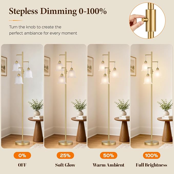 Dimmable Flower Floor Lamp, 3 x 900LM LED Bulbs Included, Modern | 70" Gold Tree Standing Lamp, 3 Lights Elegant Frosted Glass Flower Shade Vintage Floor Lamps for Living Room, Bedroom, Office